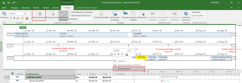 Mehrfache Timeline in MS Project - Datumsbereich anpassen