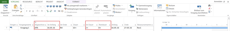Feld % Abgeschlossen - MS Project Fortschritt in Prozent