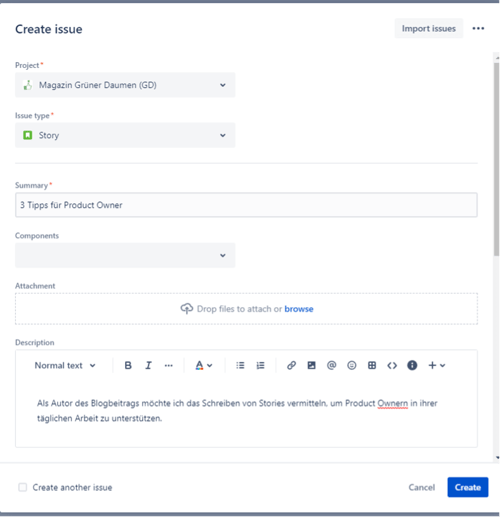 Erstellen eines Issues in Jira