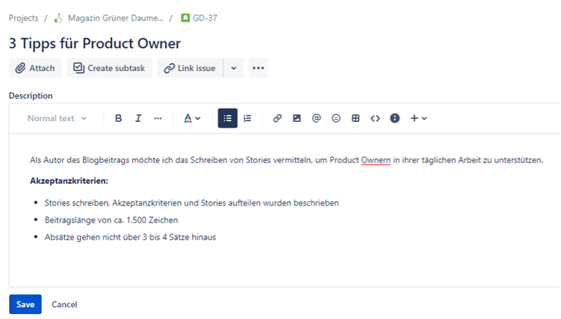 Akzeptanzkriterien für Stories in Jira