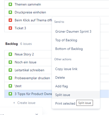 Jira Split-Funktion