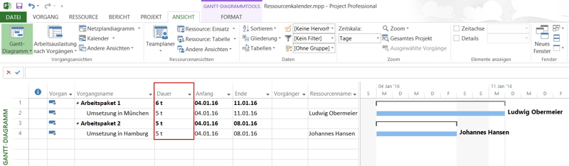 Verfügbarkeit in Vorgängen - Arbeitsfreie Zeit Kalender MS Project
