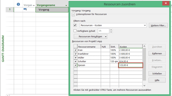 Kostenressource zuordnen - Ressourcenplanung mit Microsoft Project