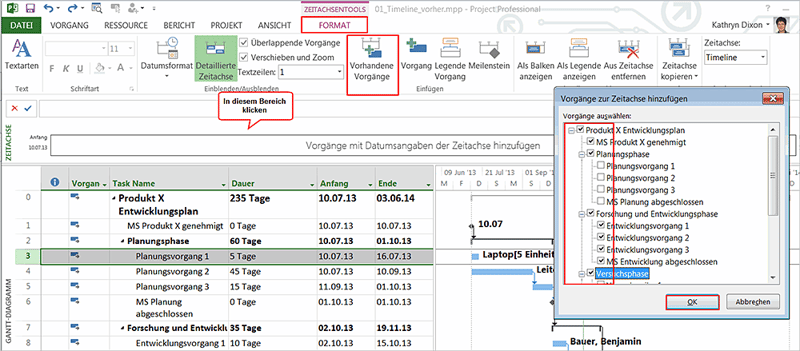 Reiter Format der MS Project Zeitachse