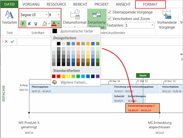 MS Project Zeitachse Formatierung - Objekte