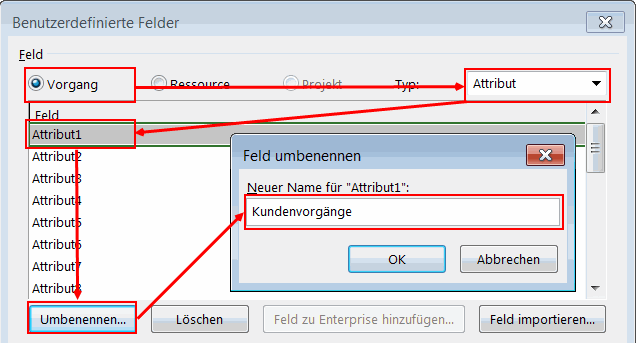 MS Project Vorgangsattribute - Umbennung des Feldes