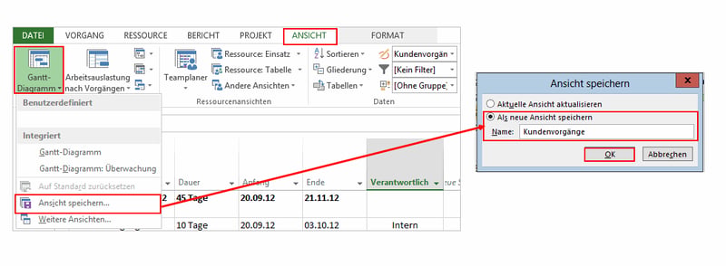 Neue Ansicht sprichern - MS Project Ansichten 