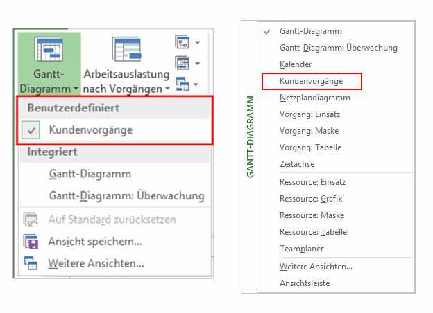 Auswahl Ansichten - MS Project Ansichten anpassen
