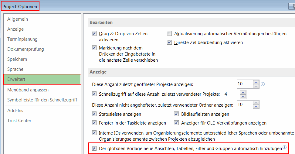  Zur globalen Vorlage hinzufügen - MS Project Ansichten anpassen