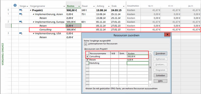 MS Project Kostenplanung variabel - Kostenverteilung