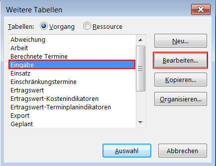  Gewünschte Tabelle auswählen - MS Project neue Spalte hinzufügen