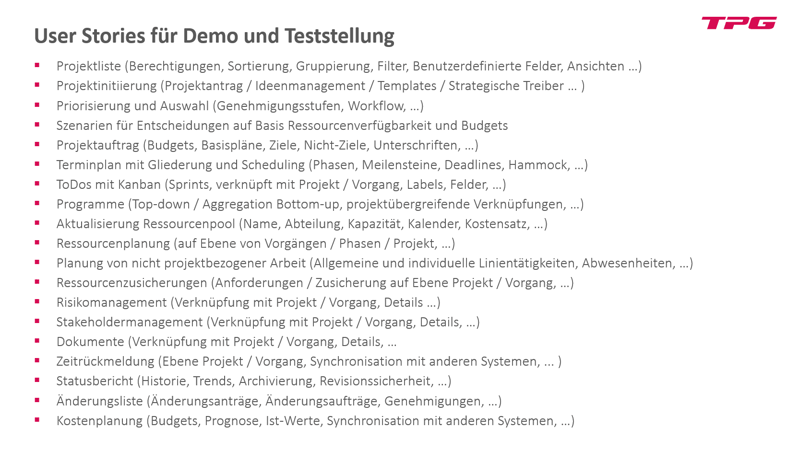 User Stories für Demos / Tests bei PM-Software-Auswahl