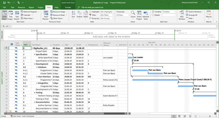 Projektstrukturplan Beispiel - Balkendiagramm mit PSP-Code in MS Project